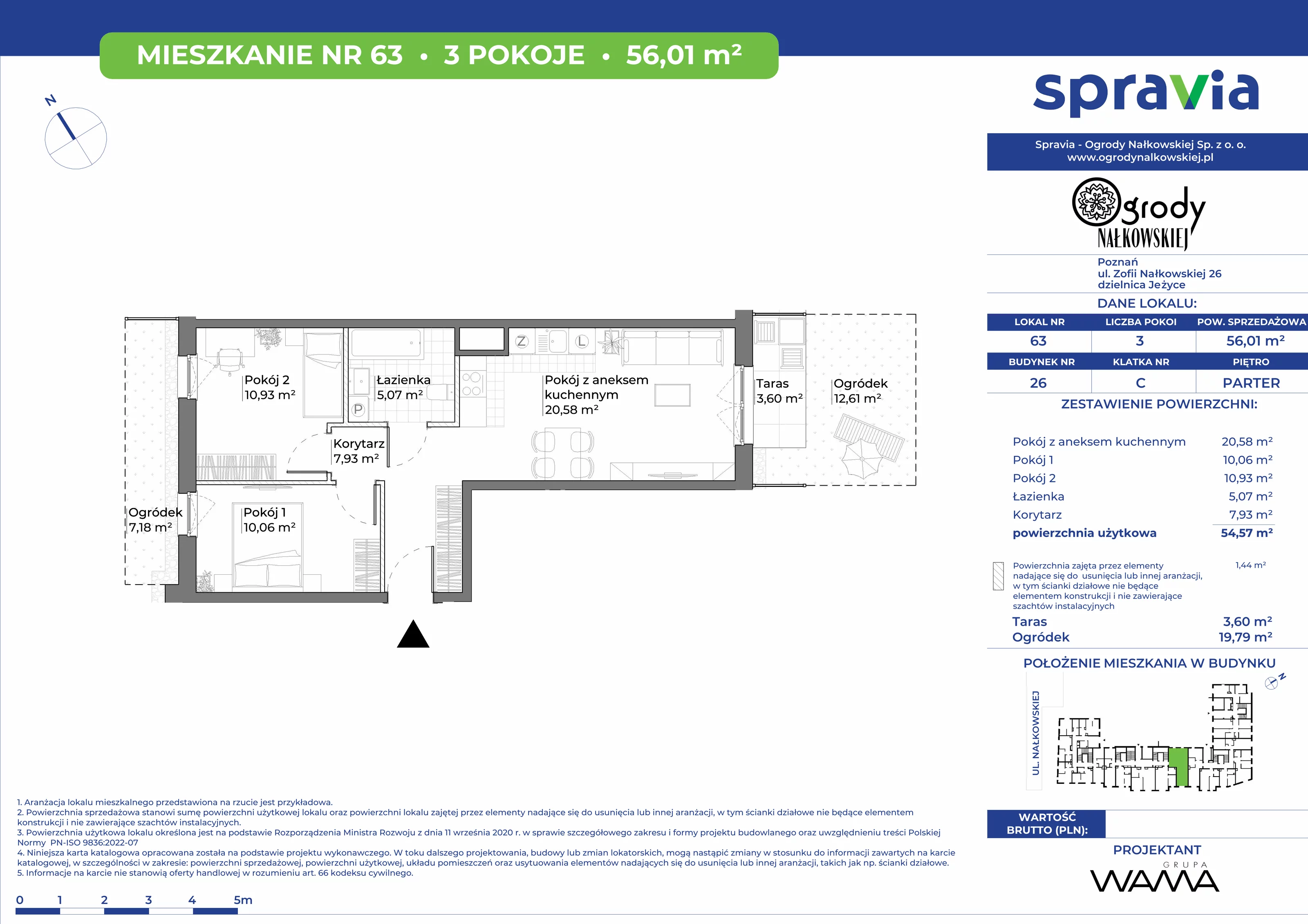 3 pokoje, mieszkanie 56,01 m², parter, oferta nr 26-63, Ogrody Nałkowskiej, Poznań, Ogrody, ul. Nałkowskiej 24, 26